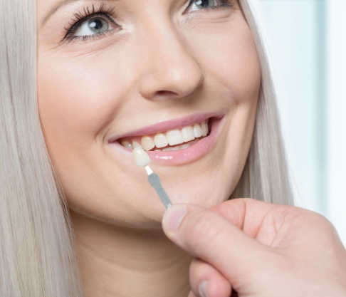 Woman's smile compared with porcelain veneers shade option